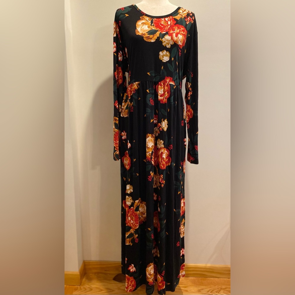 LONGYUAN, Sz 4XL, Dark Green, Floral Long Sleeve Maxi Dress - NWT - Picture 2 of 12